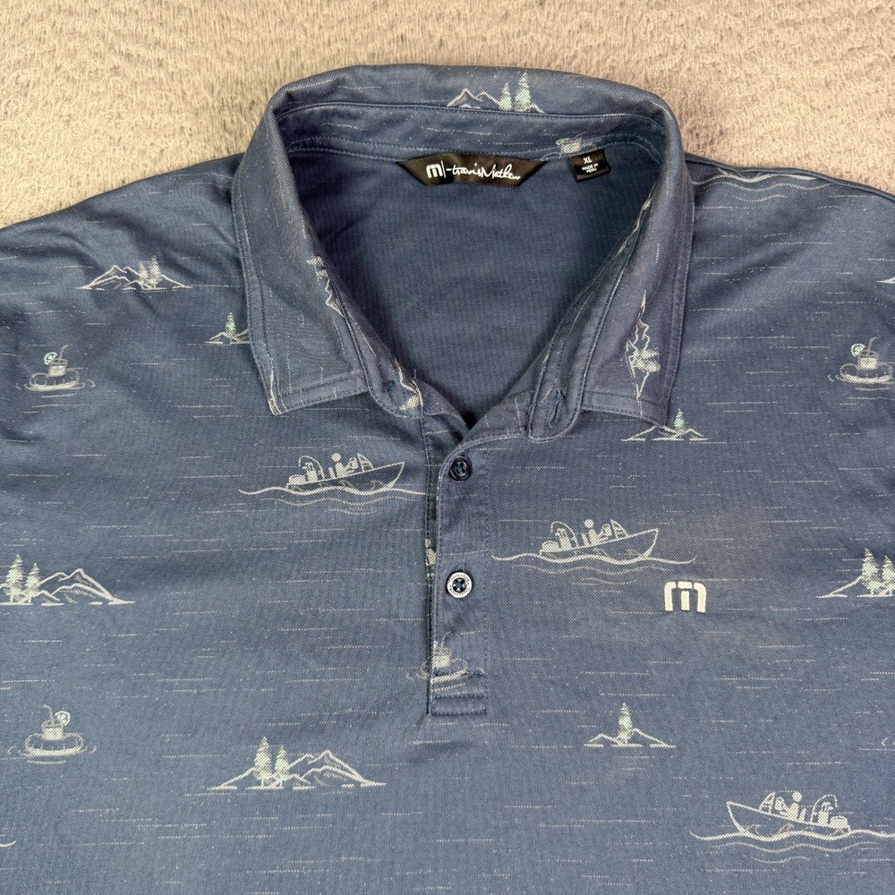 Travis Mathew Polo Shirt Mens XL Blue Sailboat Ocean Waves Print Golf